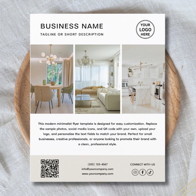 Custom Logo Photo Minimalist Business Flyer (Modern minimalist flyer template with custom logo, QR code, and editable social media icons.)