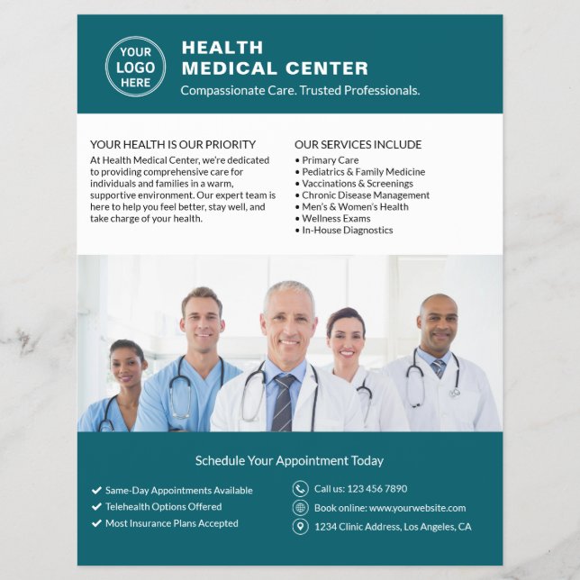 Custom Logo Photo QR Healthcare Clinic Doctor Teal Flyer (Front)