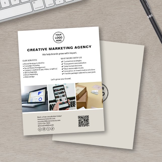 Custom Logo Photo QR Marketing Business White Flyer (Fully customizable marketing flyer for agencies and creatives)