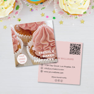 Custom Logo Photo QR Pink Bakery Square Business Card