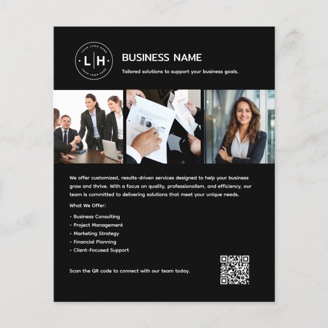 Custom Logo Photo QR Professional Black Business Flyer (Front)