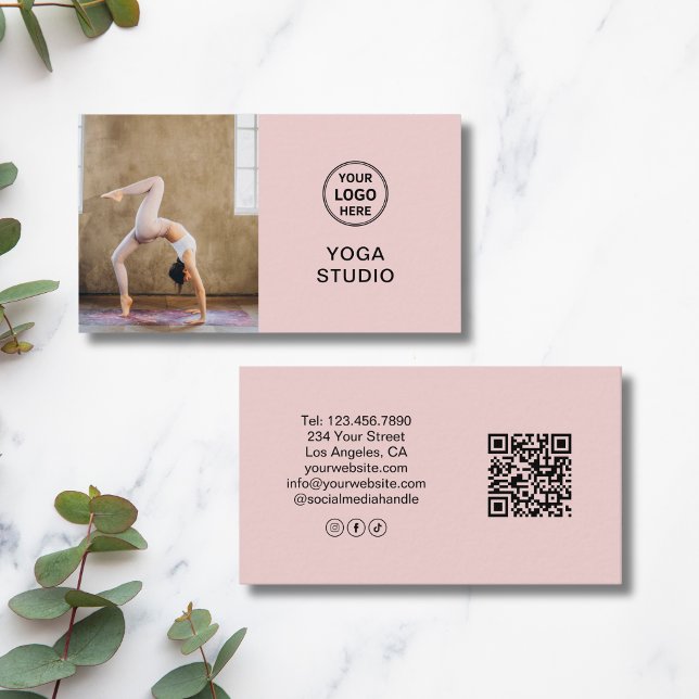 Custom Logo Photo QR Yoga Instructor Teacher Pink Business Card (Custom Logo Photo QR Yoga Instructor Teacher Pink Business Card)