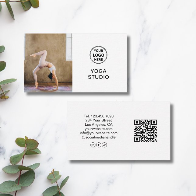 Custom Logo Photo QR Yoga Instructor Teacher White Business Card (Custom Logo Photo QR Yoga Instructor Teacher White Business Card)
