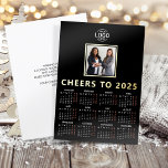 Custom Logo Photo Sleek Black Minimalist Business Foil Holiday Card<br><div class="desc">*REAL GOLD FOIL* Elevate your holiday greetings with our Sleek, Modern Chic Black Minimalist Custom Square Photo and Logo Business Holiday Flat Card Calendar with gold foil elements cheers text and gold frame around the photo. This sophisticated vertical design allows you to feature both a favourite team photo and your...</div>