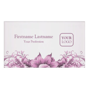 Custom Logo Pink Flowers Frame Elegant Modern Name Tag