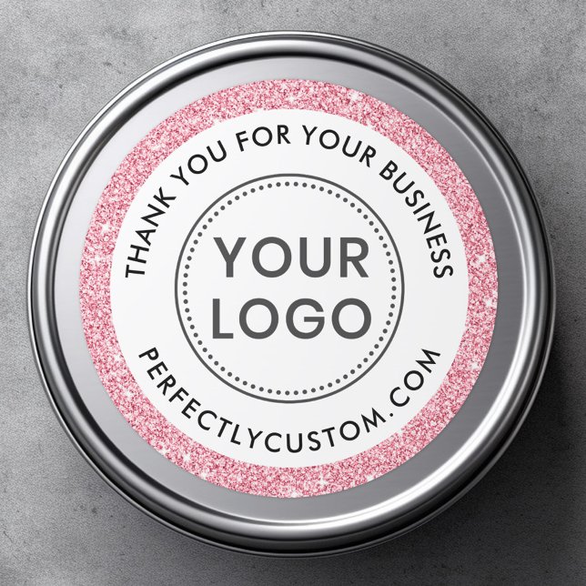 Custom logo pink glitter border business thank you classic round sticker (Round business thank you sticker with your custom logo and faux pink glitter border)