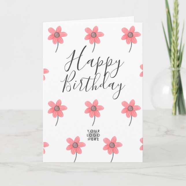 Custom Logo Pretty Pink Flower Happy Birthday Card (Front)