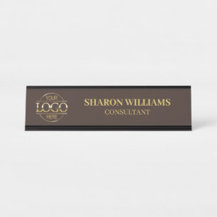 Custom Logo Professional Brown Gold Minimalist Desk Name Plate