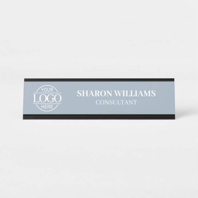 Custom Logo | Professional Dusty Blue Minimalist Desk Name Plate (Front)