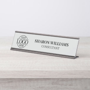 Custom Logo   Professional Elegant Light Grey Desk Name Plate