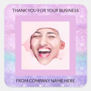 Custom Logo Purple Pink QRCode Name Thank Photo Square Sticker