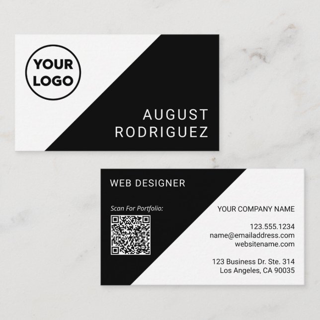 Custom Logo QR Code Black White Geometric Business Card (Front/Back)