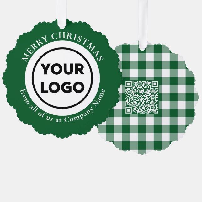 Custom Logo QR Code Green White Gingham Christmas Tree Decoration Card (Front/Back)