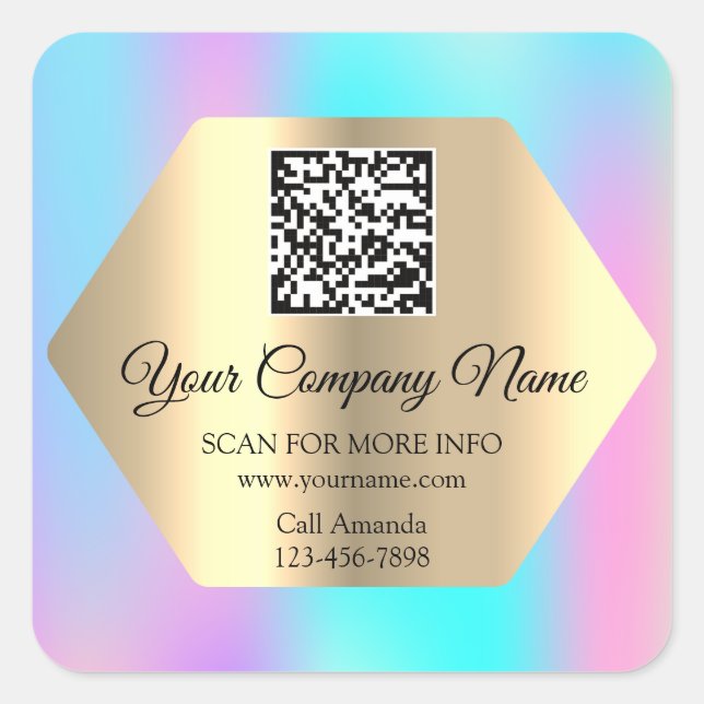 Custom Logo QR Code Promotional Gold Blue Pink Square Sticker (Front)