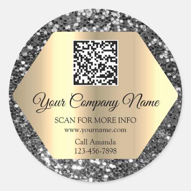Custom Logo QR Code Promotional Grey Glitter  Classic Round Sticker (Front)