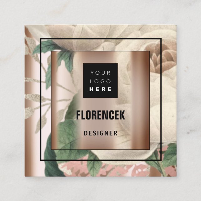 Custom Logo QR CODE Rose Gold Frame Floral Green Square Business Card (Front)