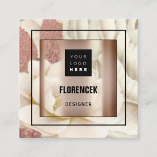 Custom Logo QR CODE Rose Gold Frame Floral Ivory Square Business Card