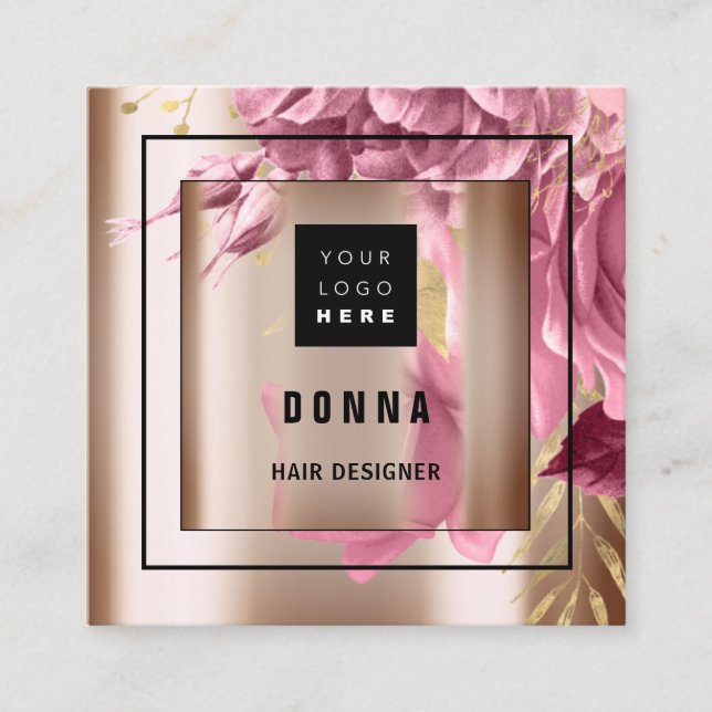 Custom Logo QR CODE Rose Gold Frame Pink Square Business Card (Front)