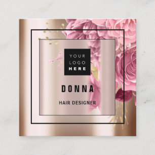 Custom Logo QR CODE Rose Gold Framed Floral Square Business Card