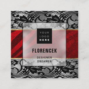 Custom Logo QR CODE Silver Gray Black Red Lace  Square Business Card