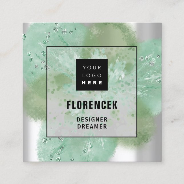 Custom Logo QR CODE Silver Grey Floral Abstract Square Business Card (Front)