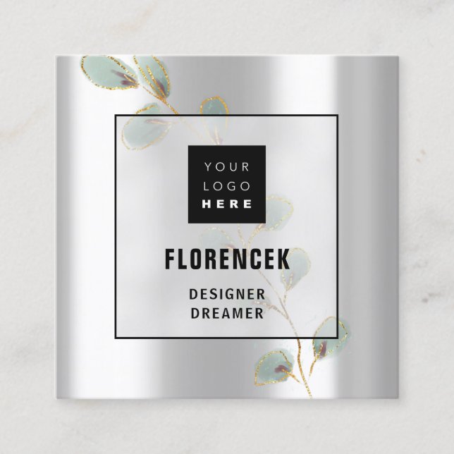 Custom Logo QR CODE Silver Grey Green Gold Leafs Square Business Card (Front)