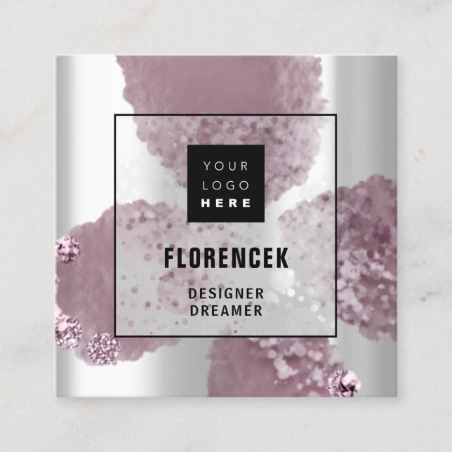 Custom Logo QR CODE Silver Grey Purple Crystals Square Business Card (Front)