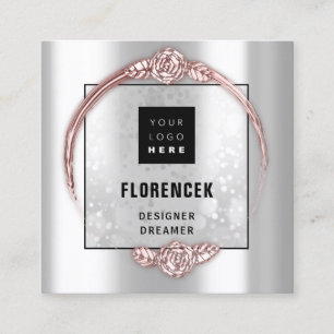 Custom Logo QR CODE Silver Grey Rose Frame Square Business Card