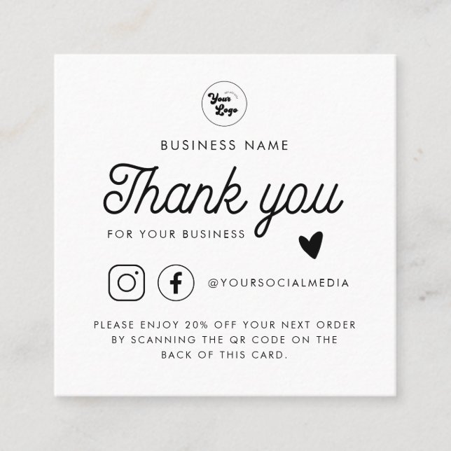 Custom Logo QR Code Social Media Thank You White Discount Card (Front)
