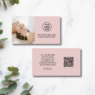 Custom Logo QR Pink Holistic Health Therapist Business Card