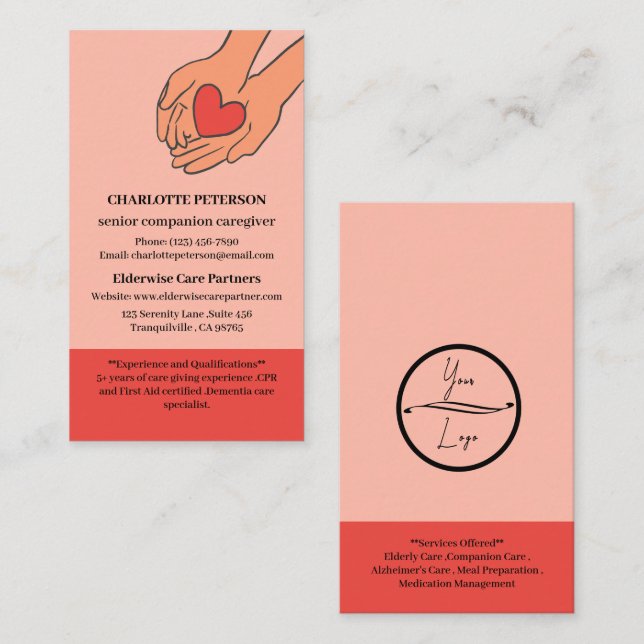 Custom Logo Senior Companion or Elderly Caregiver Business Card (Front/Back)