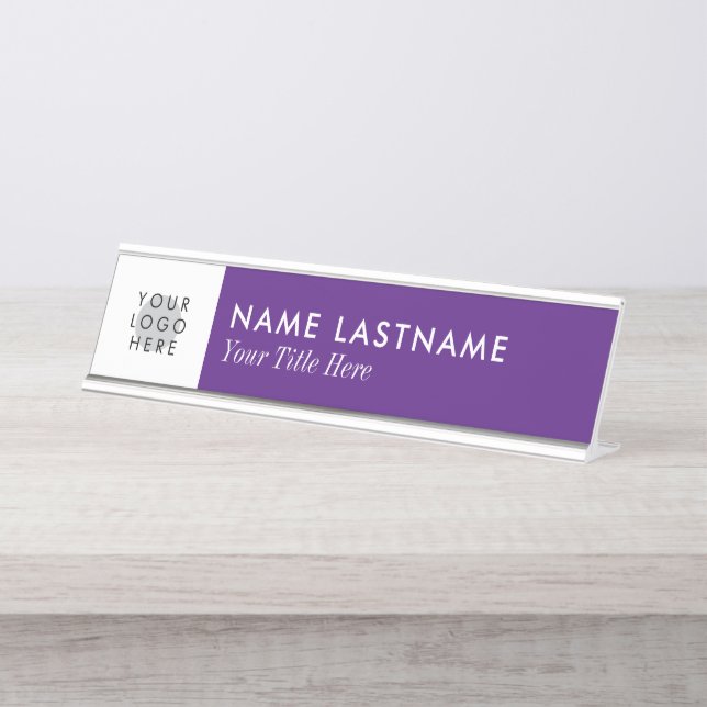 Custom Logo Simple Royal Purple White Minimalist Desk Name Plate (Front)