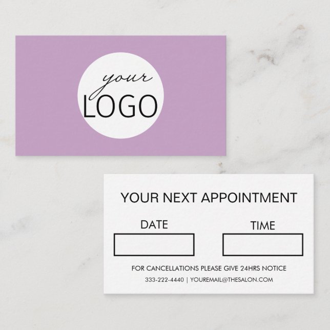 Custom Logo Simple Trendy Salon Lilac Appointments Business Card (Front/Back)