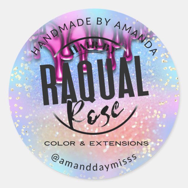 Custom Logo Small Business  Holographic Pink Drips Classic Round Sticker (Front)