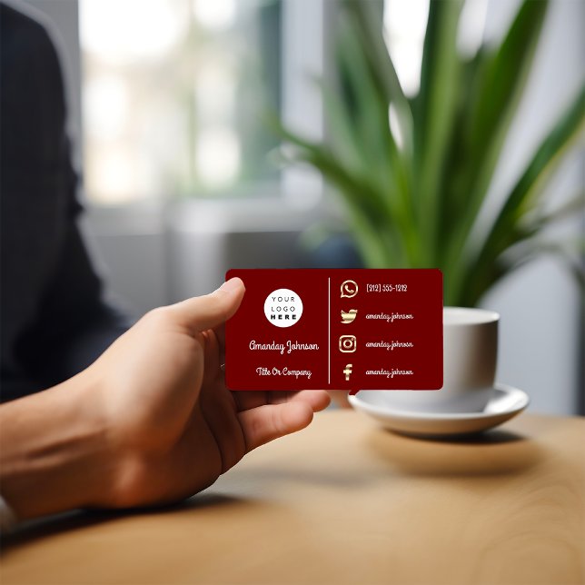  Custom Logo Social Media Gold QR Code Maroon Business Card (Custom Logo Social Media Gold QR Code Maroon Business Card)