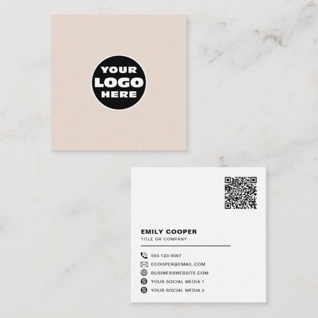 custom logo social media icons QR code cream Square Business Card (Front/Back)
