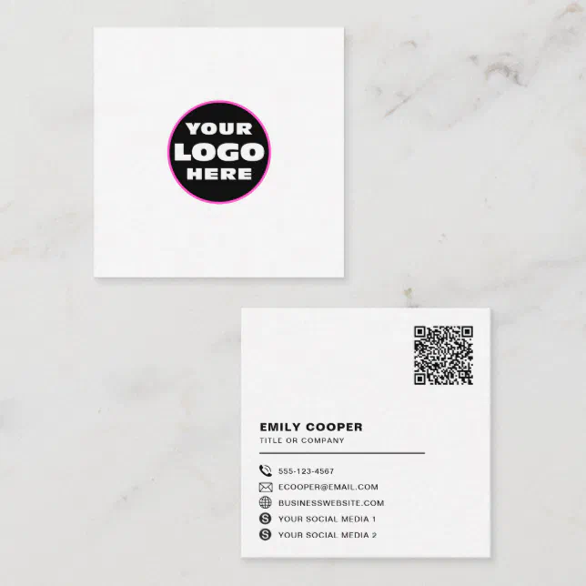 custom logo social media icons QR code white Square Business Card | Zazzle