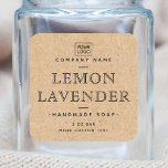 Custom logo square Kraft paper look product labels<br><div class="desc">Elegant product label with your custom logo and the name or scent of the product in an elegant vintage style serif font on a printed,  brown Kraft paper look background. Fonts and font colors are customizable. Move and resize the logo and text with the design tool.</div>