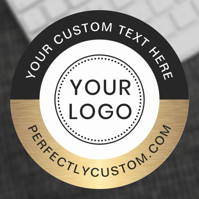 Custom logo text black golden border classic round sticker (Custom logo sticker with black and golden gradient border)