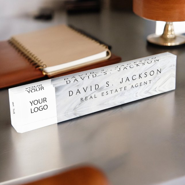 Custom Logo White Grey Marble Elegant Professional Nameplate (Creator Uploaded)