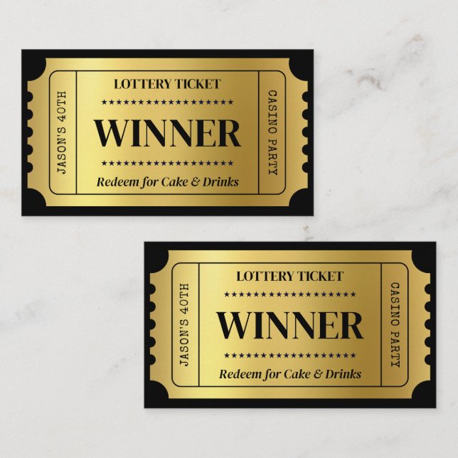 Custom Lottery Ticket for Casino Party, Black Gold Card (Front/Back)