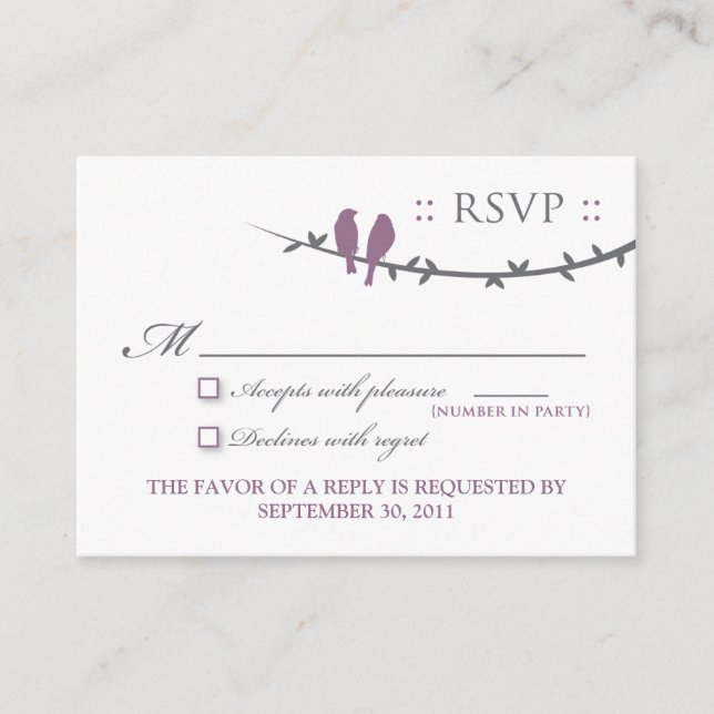 ::custom:: Love Birds 3.5x2.5" Grey/Purple RSVP Enclosure Card (Front)
