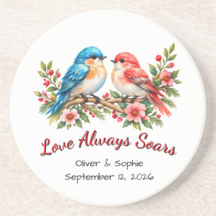 Custom Love Birds Watercolor Wedding Anniversary Coaster