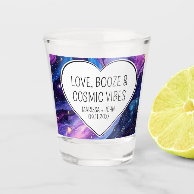 Custom Love, Booze, & Cosmic Vibes Wedding Shot Glass (Front)