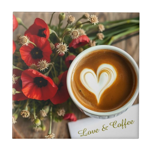Custom Love & Coffee Cup with White Foam Heart Ceramic Tile (Front)