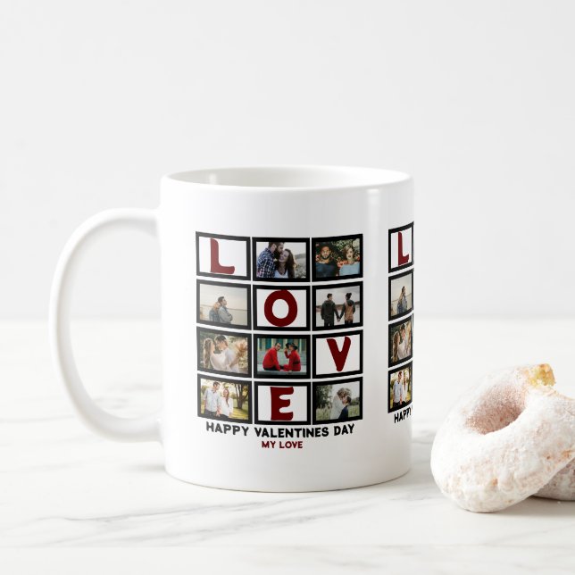 Custom Love Happy Valentines Day 8 Photo Collage Coffee Mug (With Donut)