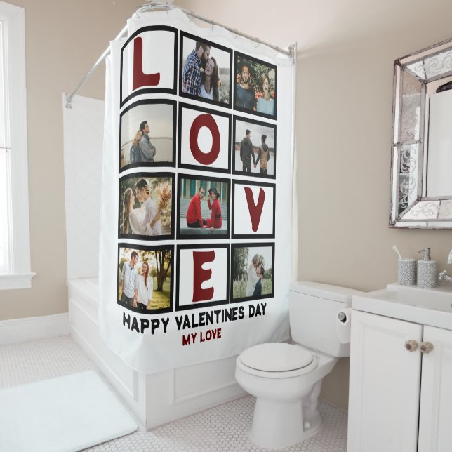 Custom Love Happy Valentines Day 8 Photo Collage Shower Curtain (In Situ)