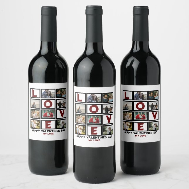Custom Love Happy Valentines Day 8 Photo Collage Wine Label (Bottles)