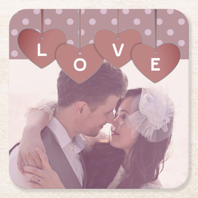 Custom Love Hearts Banner Overlaid Custom Photo Square Paper Coaster (Front)