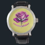 Custom Love In Full Bloom Rose Valentine Gift Watch<br><div class="desc">Start Valentine's week with a "bloom!" This stunning hand-painted style magenta rose features the trending "Love is in full bloom" wavy typography. Capturing the 2026 "Artisanal Nature" and "Modern Retro" aesthetics, this design is the perfect gift for Rose Day, anniversaries, or your favorite flower lover. This high-detail piece is optimized...</div>